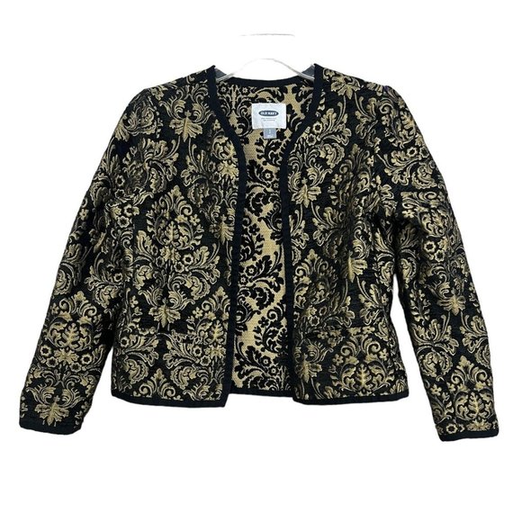 Women Brocade Jacket‎ Sz S Black Gold Open Front Formal Party Elegant Jacquard - Picture 1 of 7